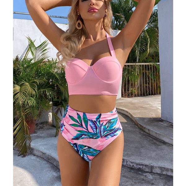 Hygci - High Waist Bikini Leaf Print Swimsuit