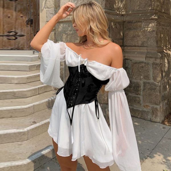 Hygci - Off Shoulder Mesh Yarn Short Dress