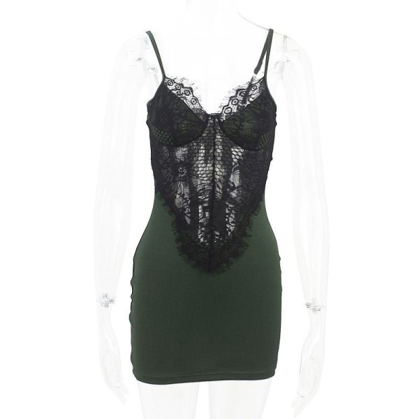 Hygci - Women Spaghetti Strap Eyelash Lace Mini Dress