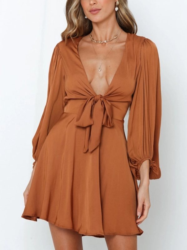 Hygci - Women's Dress Sexy Deep V-Neck Bow Mini Dresses